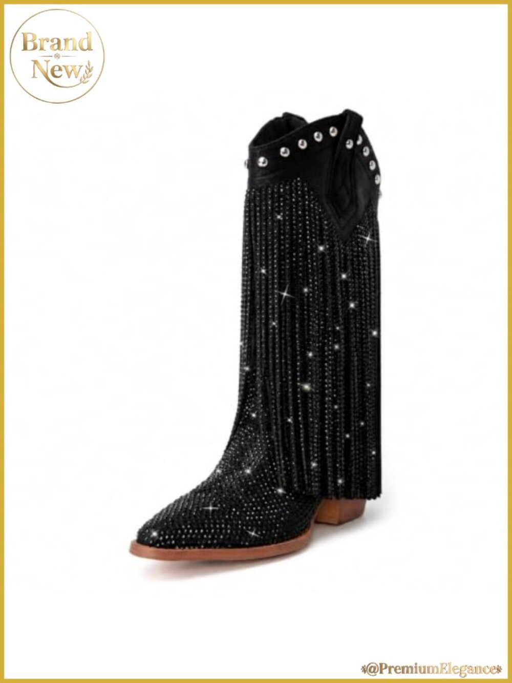 Sparkly Rhinestone Cowgirl Mid-Calf Boots Pointed Toe Chunky Heel Fringe